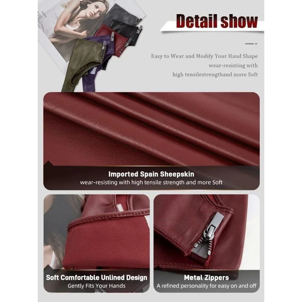 Women's Burgundy Fingerless Leather Driving Half Finger Gloves Halloween Design